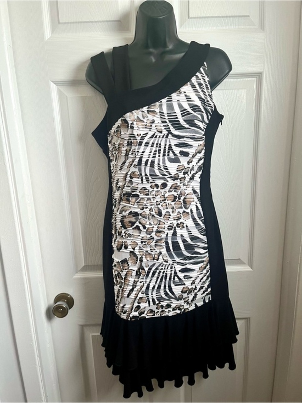 Joseph Ribkoff Dress Mixed Animal Print Ruched Ruffle 8 Medium Black Cocktail